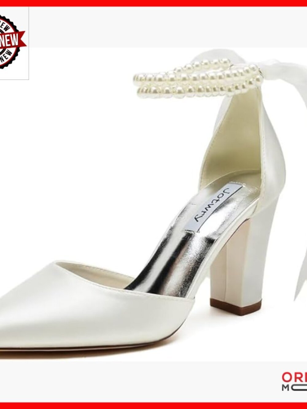Satin Wedding Heels Block Heel Pointed Toe Pearl Strap Size 6-10